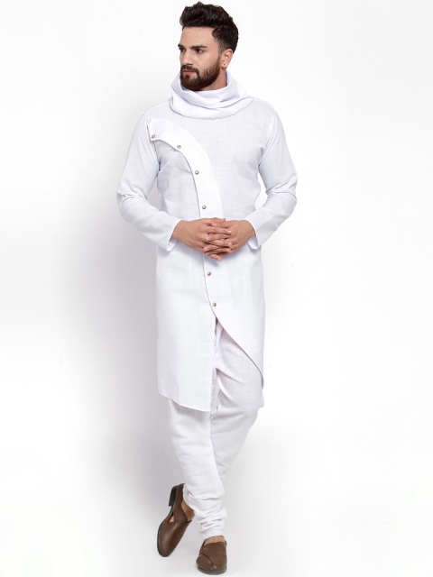 

TREEMODA Men White Angrakha Linen Kurta with Pyjamas