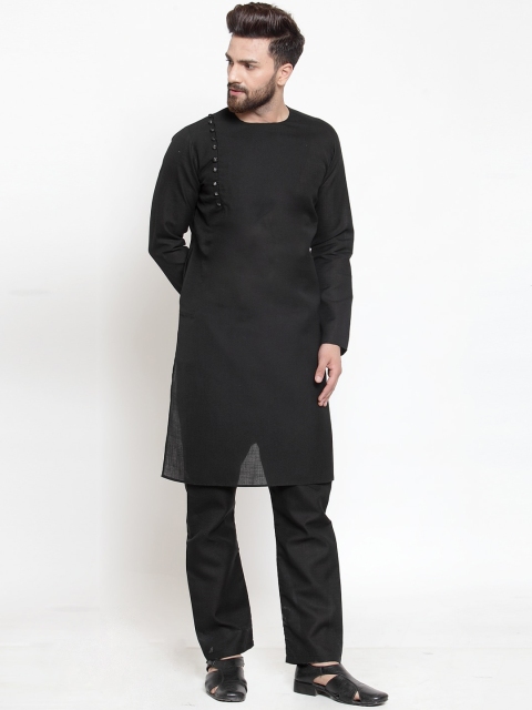 

TREEMODA Men Black Angrakha Linen Kurta with Pyjamas