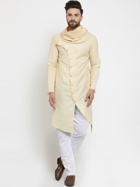 

TREEMODA Men Beige Angrakha Turtle Neck Linen Kurta with Pyjamas