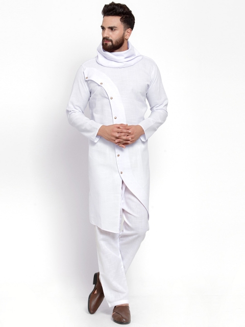 

TREEMODA Men White Angrakha Linen Kurta with Pyjamas
