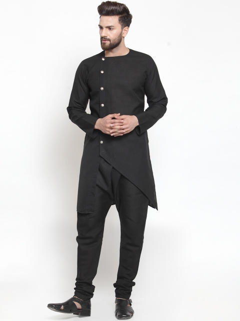 

TREEMODA Men Black Angrakha Linen Kurta with Churidar