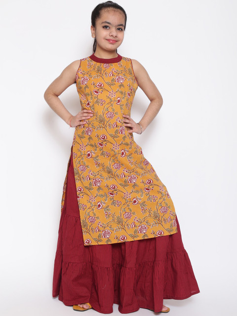 

titliyan Girls Mustard Yellow Floral Printed Pure Cotton Kurta with Skirt