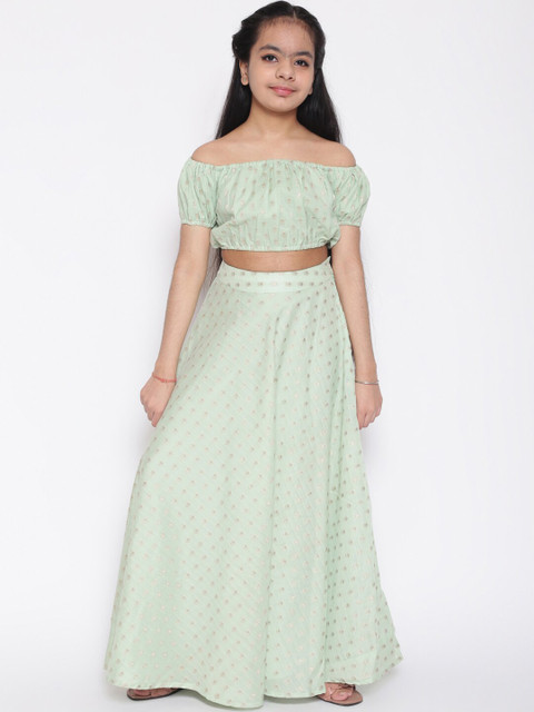 

titliyan Girls Sea Green & Gold-Toned Top with Skirt