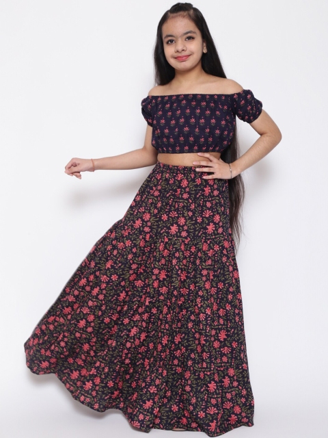 

titliyan Blue & Pink Floral Printed Crop Top With Skirt Set