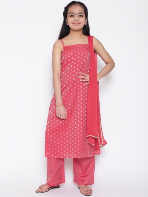 

titliyan Girls Red Ethnic Motifs Chanderi Silk Kurta with Trousers & With Dupatta
