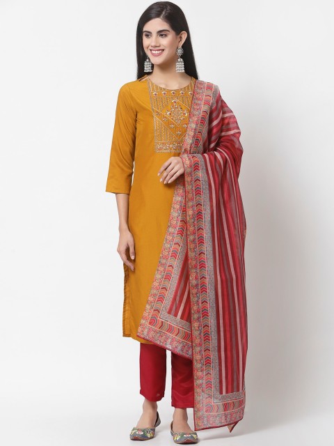 

Myshka Women Mustard Yellow & Red Yoke Embroidered Kurta with Trousers & Dupatta