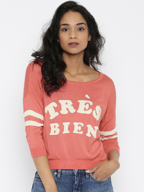 

ONLY Women Coral Pink Self-Design Ribbed Top