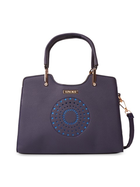 

Luvoksi Blue Textured PU Structured Handheld Bag with Cut Work
