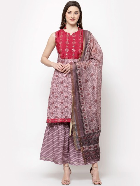 

Myshka Women Red Ethnic Motifs Yoke Design Sequinned Kurti with Palazzos & With Dupatta