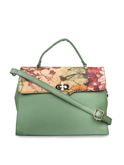 

LEGAL BRIBE Green Floral Printed PU Structured Satchel with Tasselled
