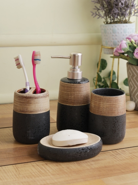 

House Of Accessories Set Of 4 Grey & Brown Patterned Bathroom Accessories