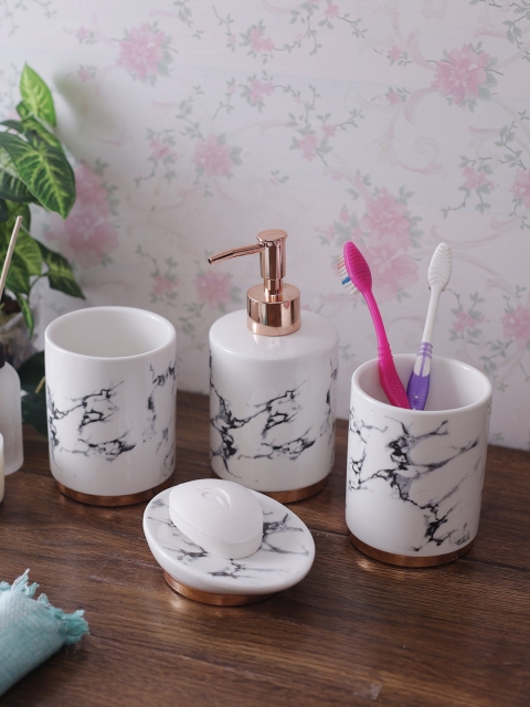 

House Of Accessories Set Of 4 White & Black Marble Patterned Bathroom Accessories