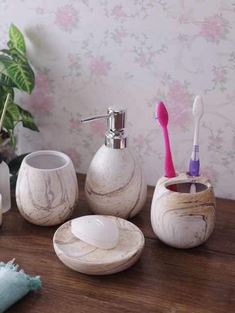 

House Of Accessories Set Of 4 Brown & White Abstract Printed Bathroom Accessories