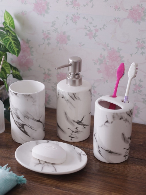 

House Of Accessories Set Of 4 White & Black Marble Finished Bathroom Accessories
