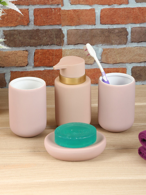

House Of Accessories Set Of 4 Pink Solid Bathroom Accessories