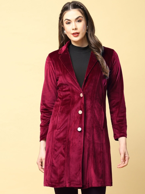 

Lakshita Women Red Solid Longline Velvet Tailored Jacket