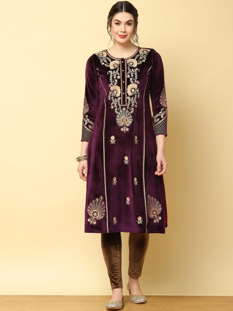 

Lakshita Women Purple Floral Embroidered Velvet A-Line Kurta