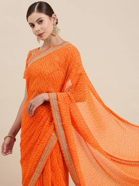 

Mitera Women Orange & White Embroidered Pure Georgette Bandhani Saree