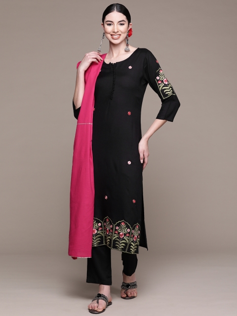 

Anubhutee Women Black & Pink Floral Thread Work Kurta with Trousers & With Dupatta