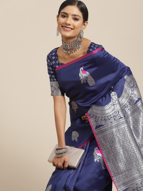 

Saree mall Navy Blue & Silver-Toned Ethnic Motifs Zari Silk Blend Dharmavaram Sarees
