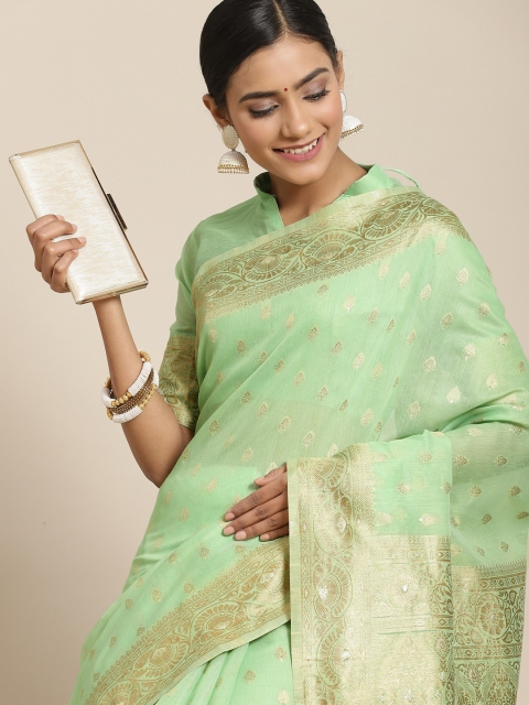 

Saree mall Green & Gold-Toned Ethnic Motifs Zari Silk Cotton Banarasi Sarees