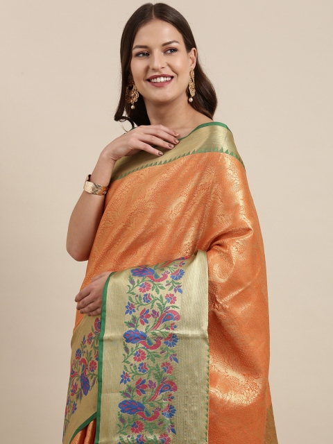 

VASTRANAND Orange Woven Design Zari Silk Blend Kanjeevaram Saree