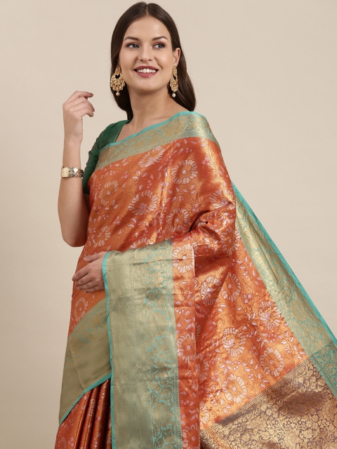 

VASTRANAND Orange Woven Design Zari Silk Blend Kanjeevaram Saree