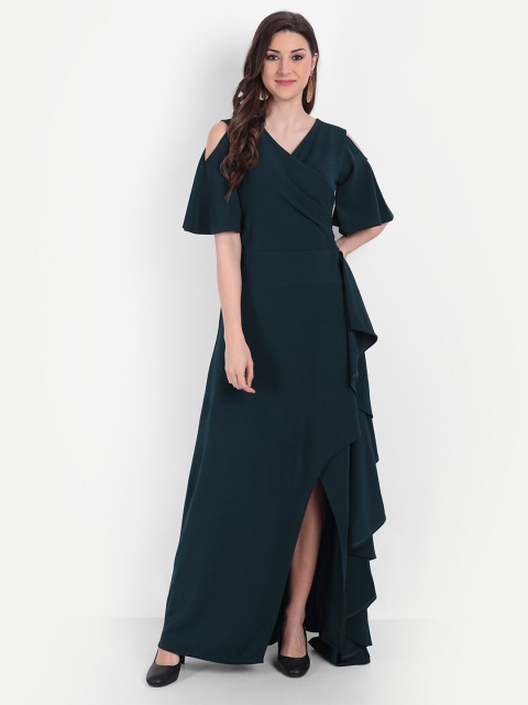 

BROADSTAR Green Solid Cold Shoulder Fit & Flared Maxi Dress