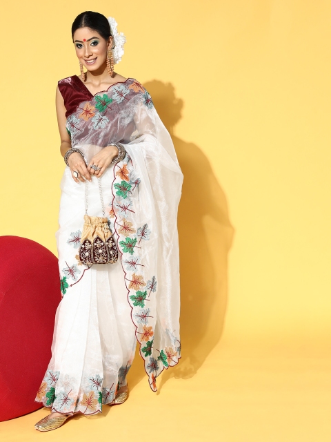 

Saree mall Floral Saree with Embroidered Border, Off white