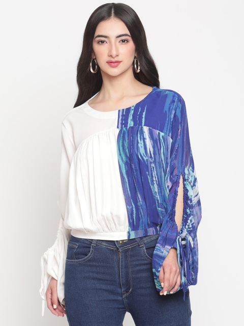 

Twenty3 Blue & White Colourblocked Crepe Blouson Top