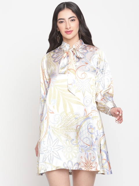 

Twenty3 Beige & Blue Floral Tie-Up Neck Satin A-Line Mini Dress
