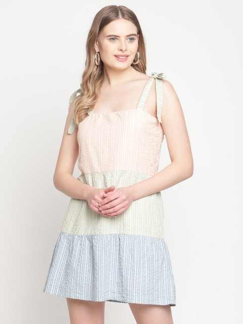 

Twenty3 Peach-Coloured & Blue Striped Layered Cotton Mini Dress