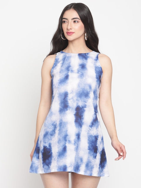

Twenty3 Blue & White Tie & Dye Dyed Cotton A-Line Mini Dress