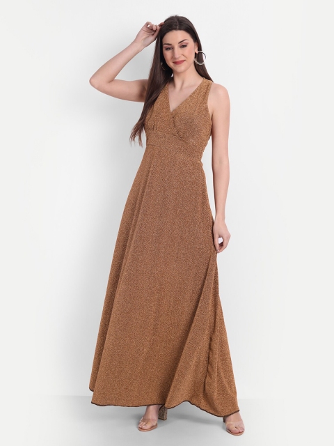 

BROADSTAR Mustard Brown Embellished Styled Back Maxi Dress