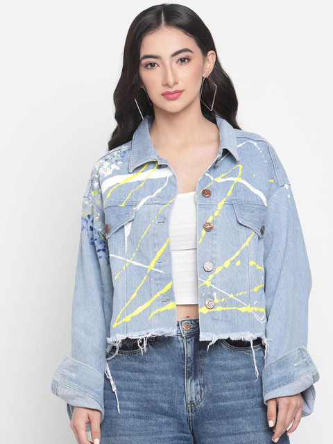 

Twenty3 Women Blue Yellow Printed Crop Denim Jacket