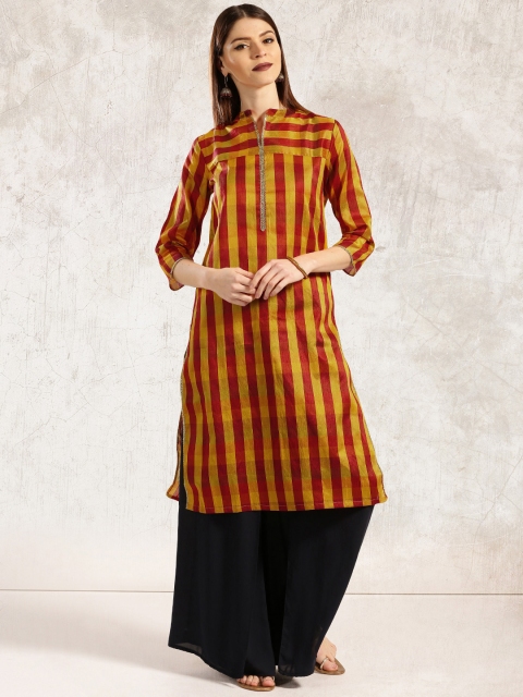 

Anouk Women Yellow & Maroon Striped A-Line Kurta