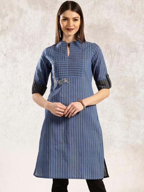 

Anouk Women Blue & Black Striped Straight Kurta