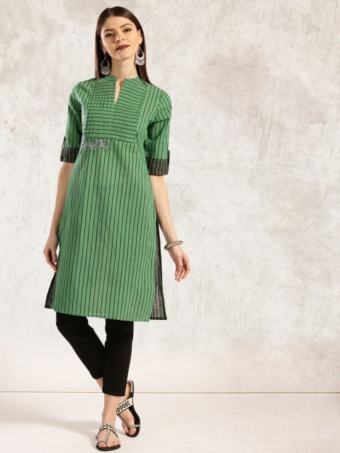 

Anouk Women Green & Black Striped Straight Kurta
