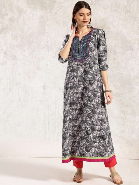 

Anouk Women Grey & White Printed A-Line Kurta
