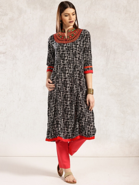 

Anouk Women Black & White Printed A-Line Kurta