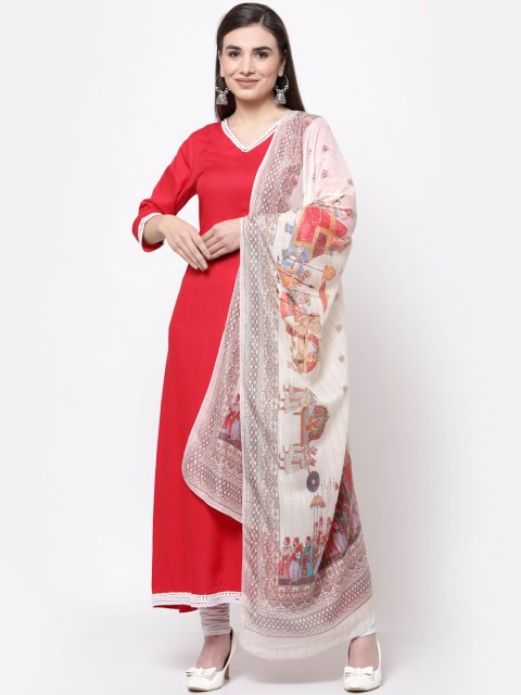

Myshka Women Red & Off-White Cotton Kurta With Printed Dupatta