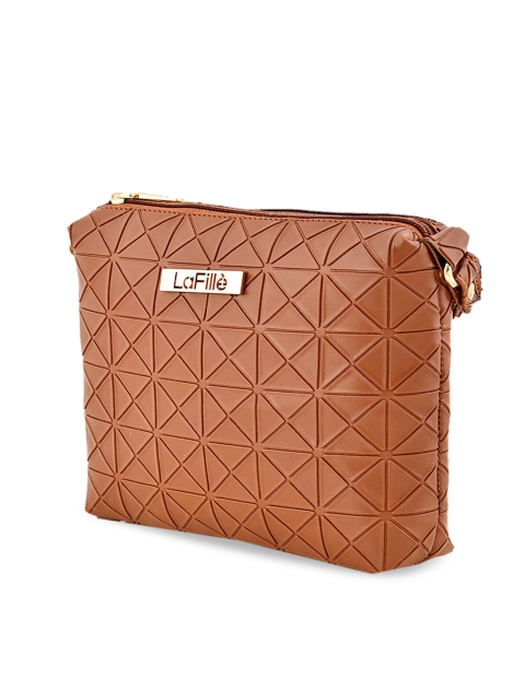 

LaFille Tan Textured PU Structured Sling Bag With Applique