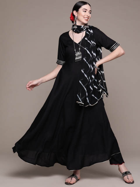 

Anubhutee Women Black Angrakha Kurta with Trousers & Dupatta