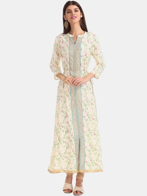 

Anahi Women Off White & Green Floral Printed Keyhole Neck Anarkali Kurta