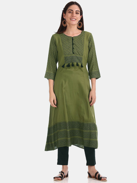 

Anahi Women Olive Green & Black Ethnic Motifs Kurta