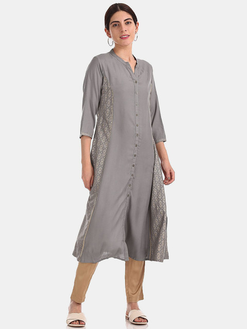 

Anahi Women Grey Solid Princess Panel Kurta