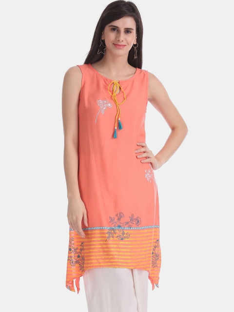 

Karigari Women Orange & Yellow Floral Print Kurta