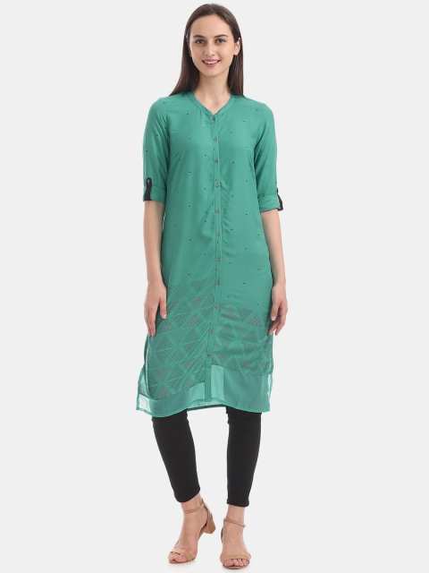 

Karigari Women Sea Green & Black Ethnic Motifs Printed Kurta