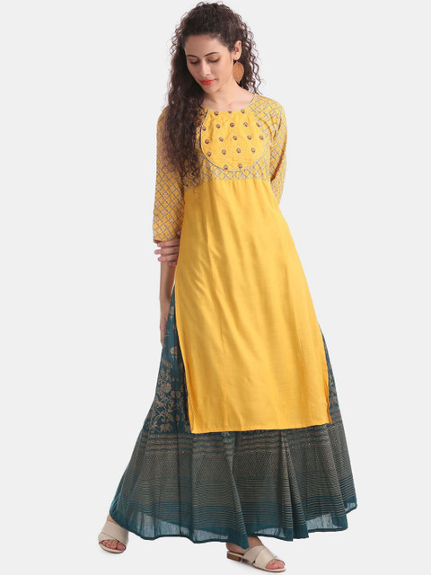 

Karigari Women Yellow & Turquoise Blue Ethnic Motifs Printed Kurta