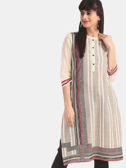

Karigari Women White & Grey Striped Mandarin Collar Cotton Kurta